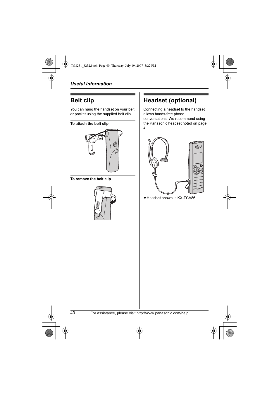 Useful information, Belt clip, Headset (optional) | Belt clip headset (optional) | Panasonic KX-TG8231 User Manual | Page 40 / 56