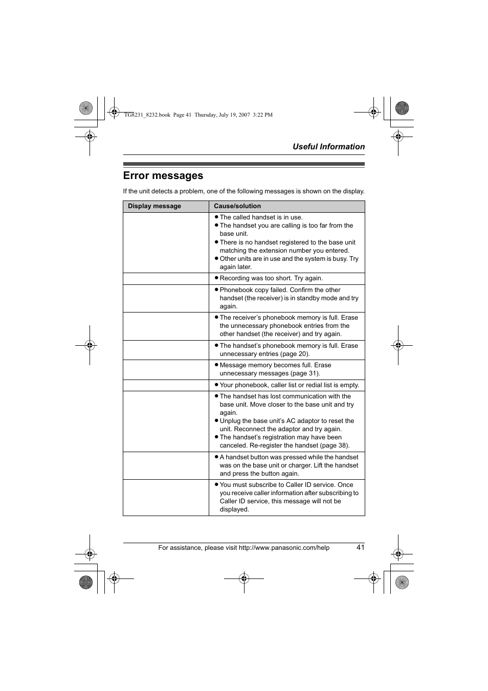 Error messages | Panasonic KX-TG8231 User Manual | Page 41 / 56