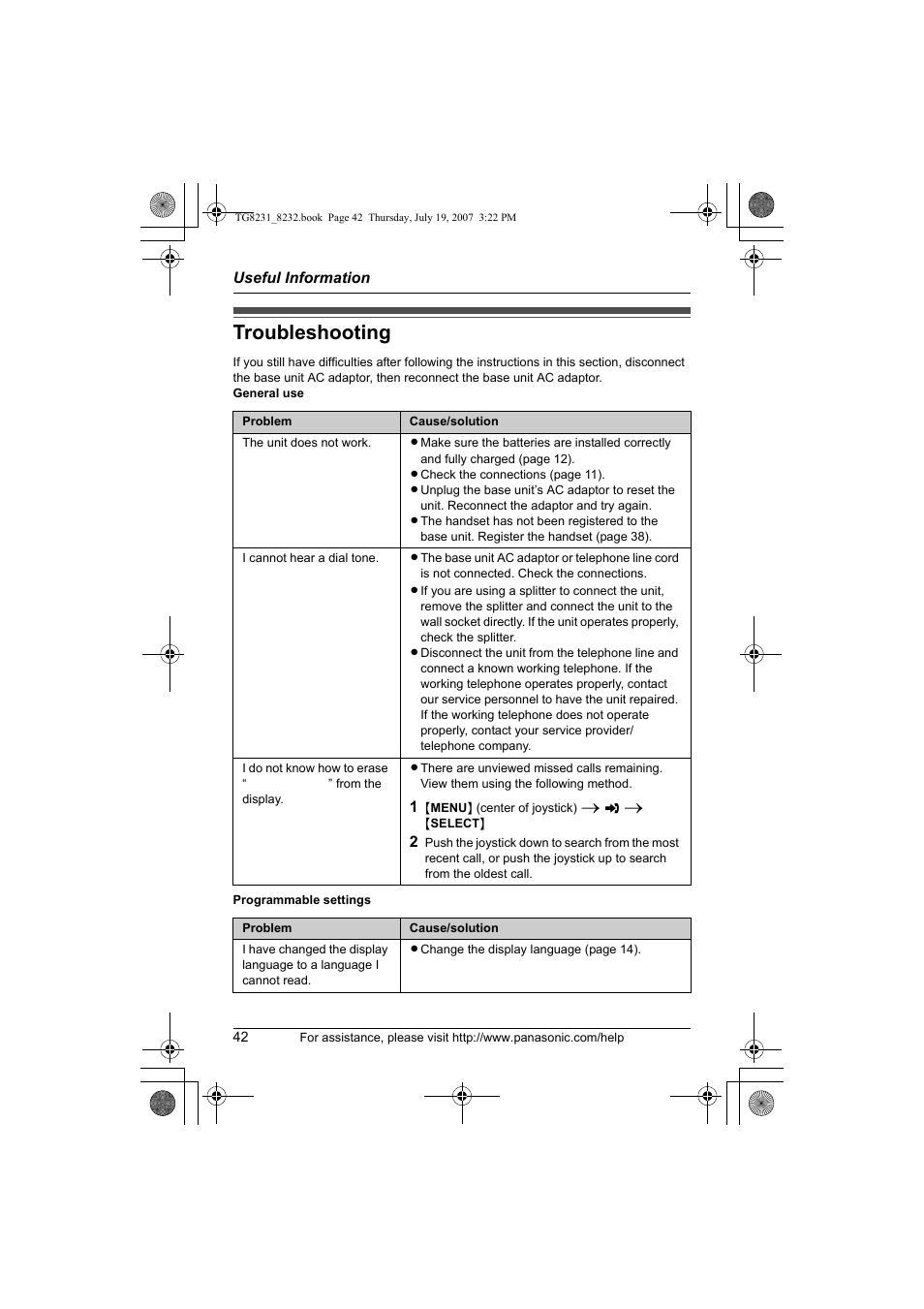 Troubleshooting | Panasonic KX-TG8231 User Manual | Page 42 / 56