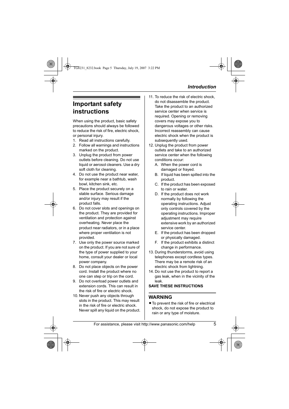 Important safety instructions | Panasonic KX-TG8231 User Manual | Page 5 / 56