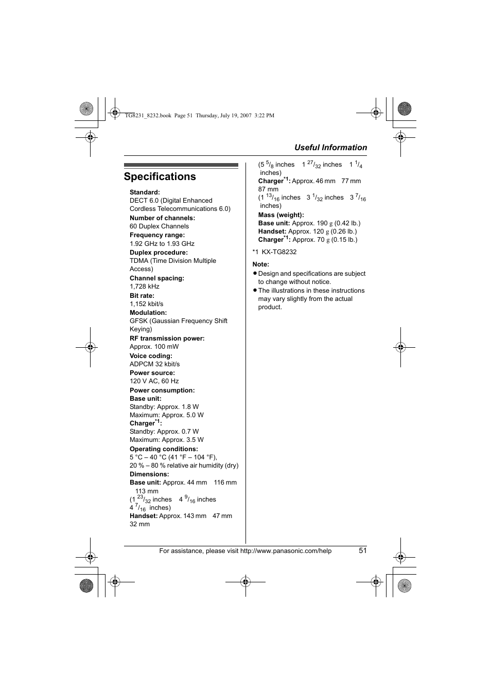 Specifications | Panasonic KX-TG8231 User Manual | Page 51 / 56