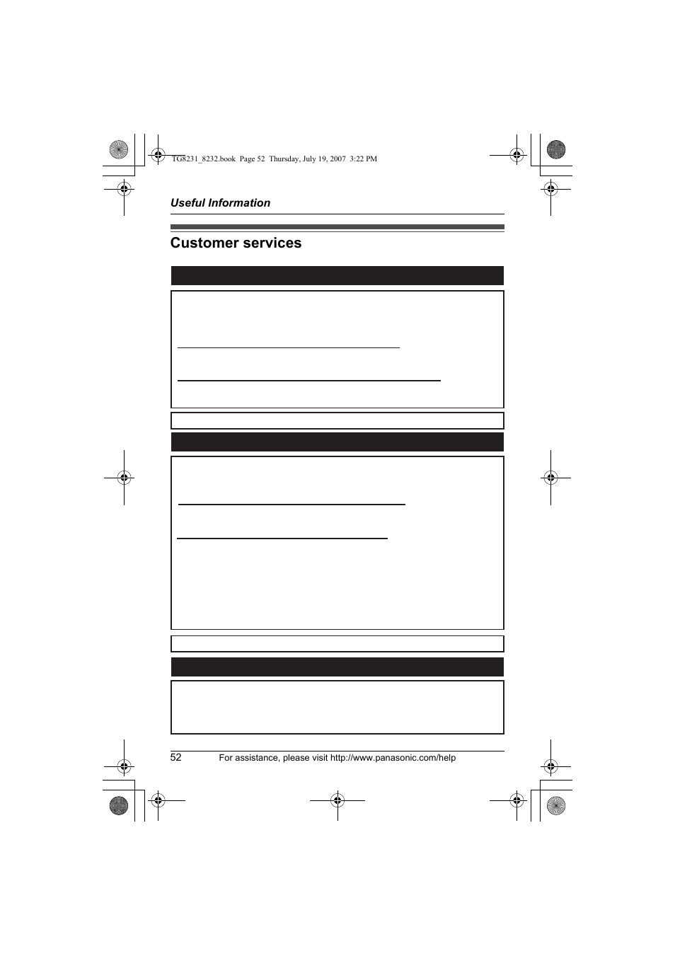 Customer services, Customer services customer services directory, Accessory purchases service in puerto rico | Panasonic KX-TG8231 User Manual | Page 52 / 56