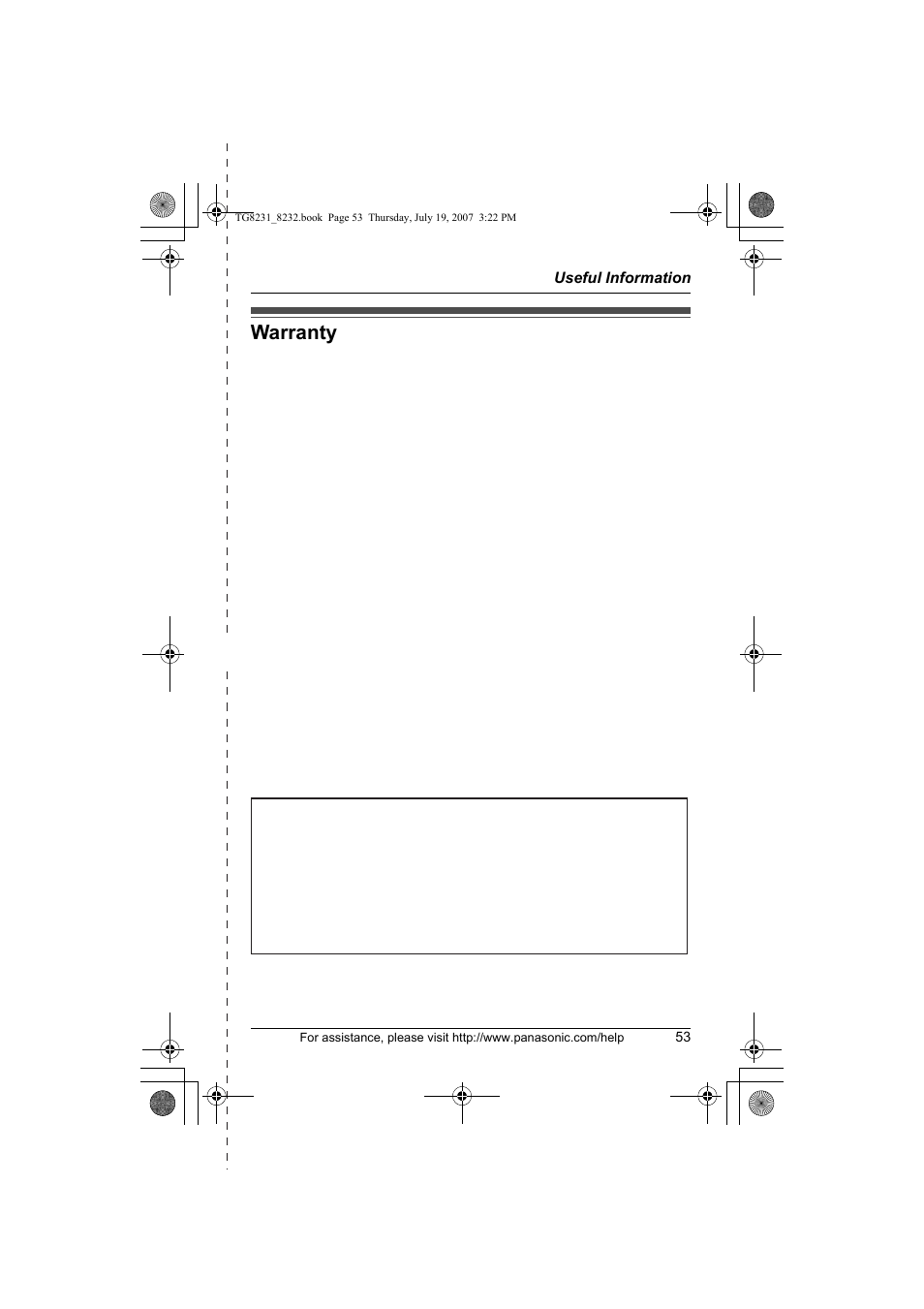 Warranty, Panasonic telephone products limited warranty | Panasonic KX-TG8231 User Manual | Page 53 / 56