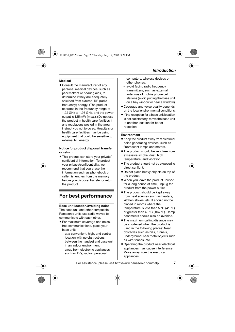 For best performance | Panasonic KX-TG8231 User Manual | Page 7 / 56