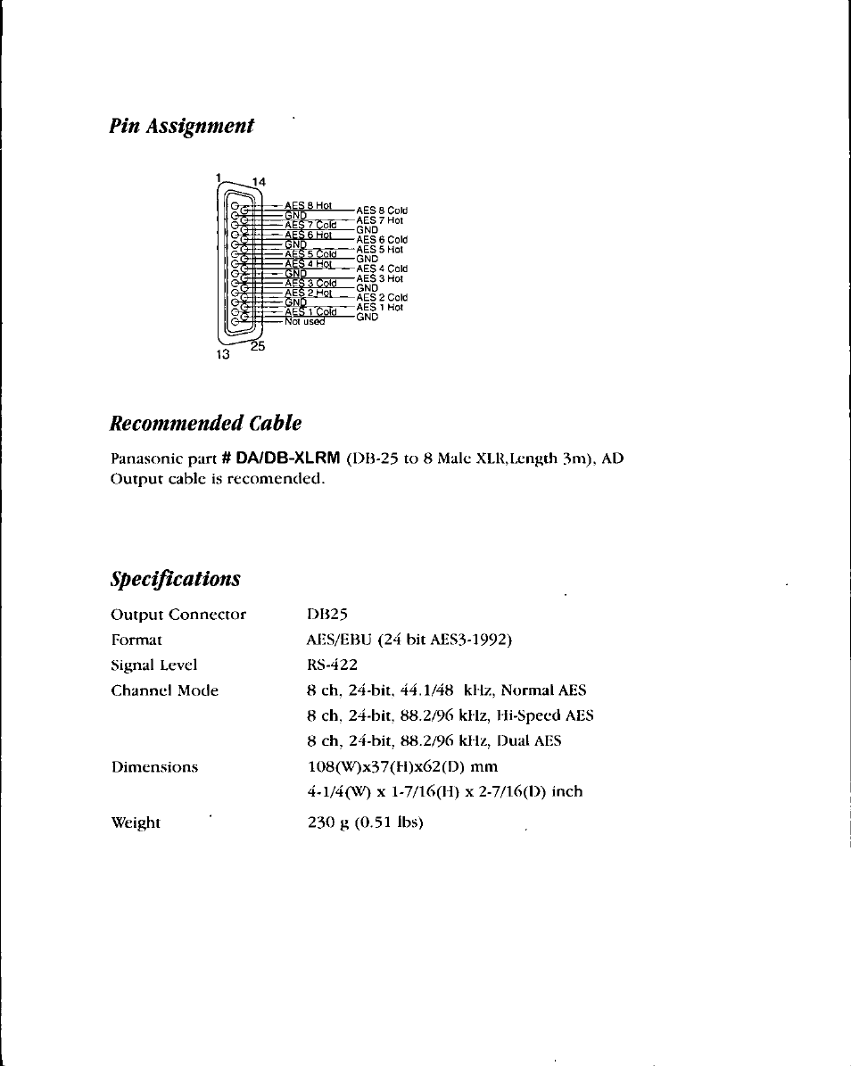 Pin assignment, Recommended cable, Specifications | Da/db-xlrm | Panasonic WZ-AESAD User Manual | Page 3 / 4