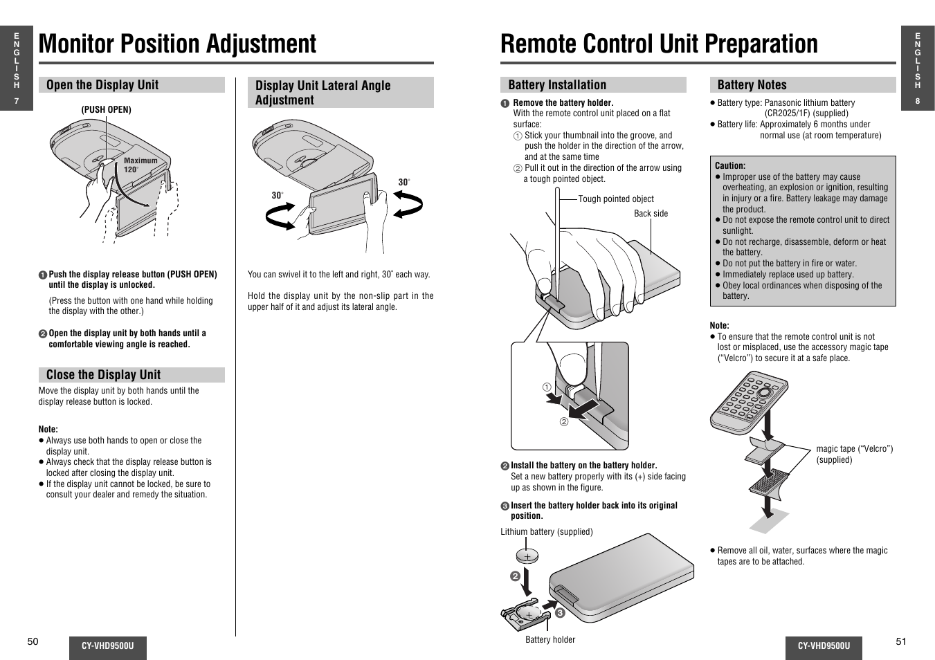 Monitor position/adjustment, Remote control unit preparation, Monitor position adjustment | Panasonic CY-VHD9500U User Manual | Page 12 / 38