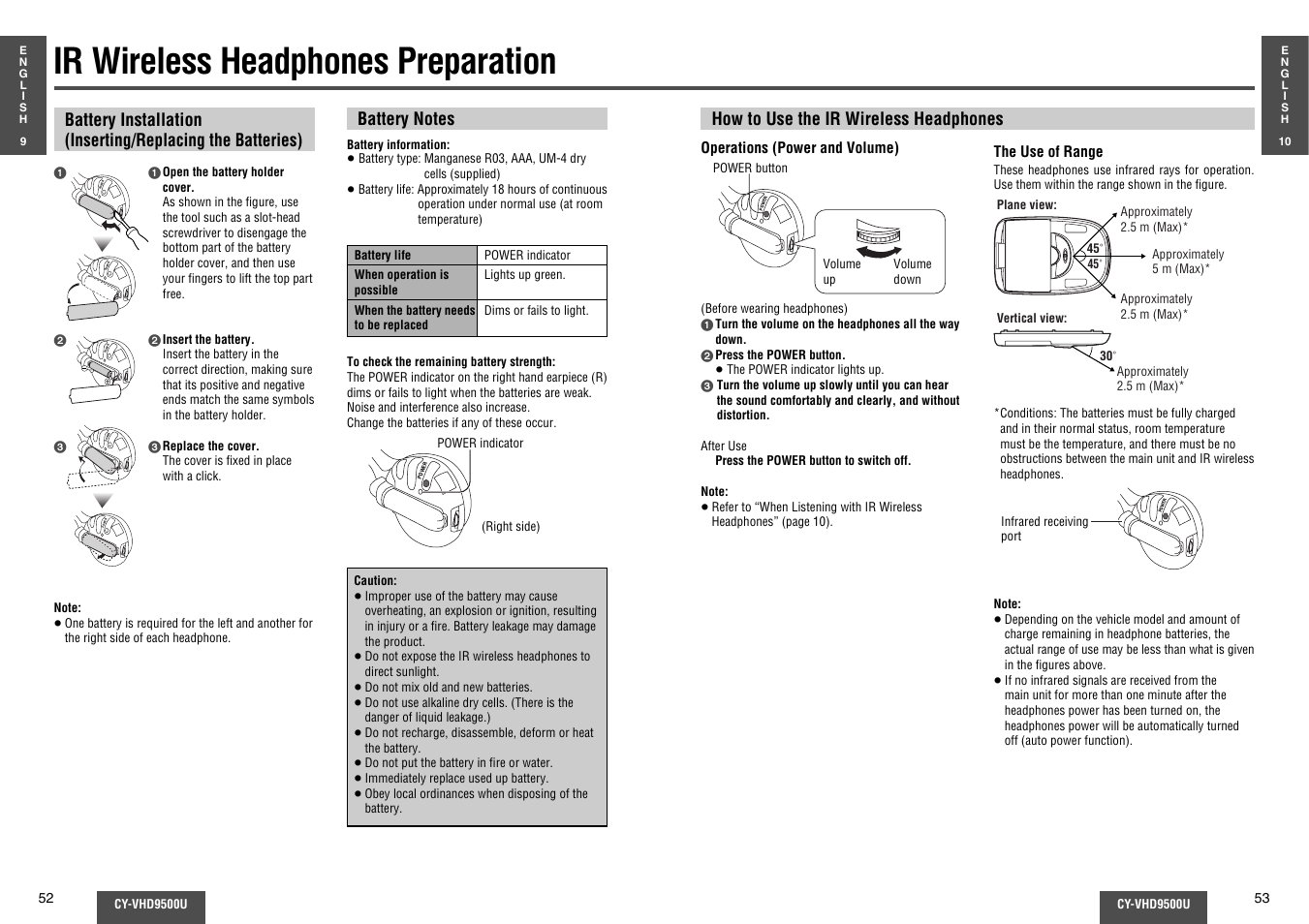 Ir wireless headphones preparation, Power | Panasonic CY-VHD9500U User Manual | Page 13 / 38