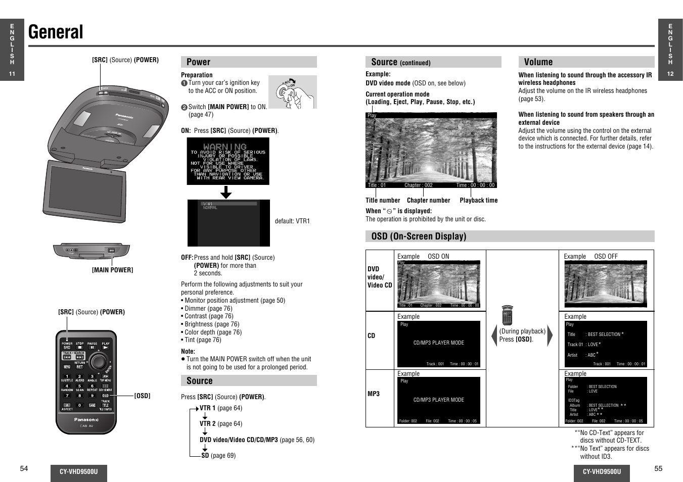 General, Power, Source | Volume, Osd (on-screen display) | Panasonic CY-VHD9500U User Manual | Page 14 / 38