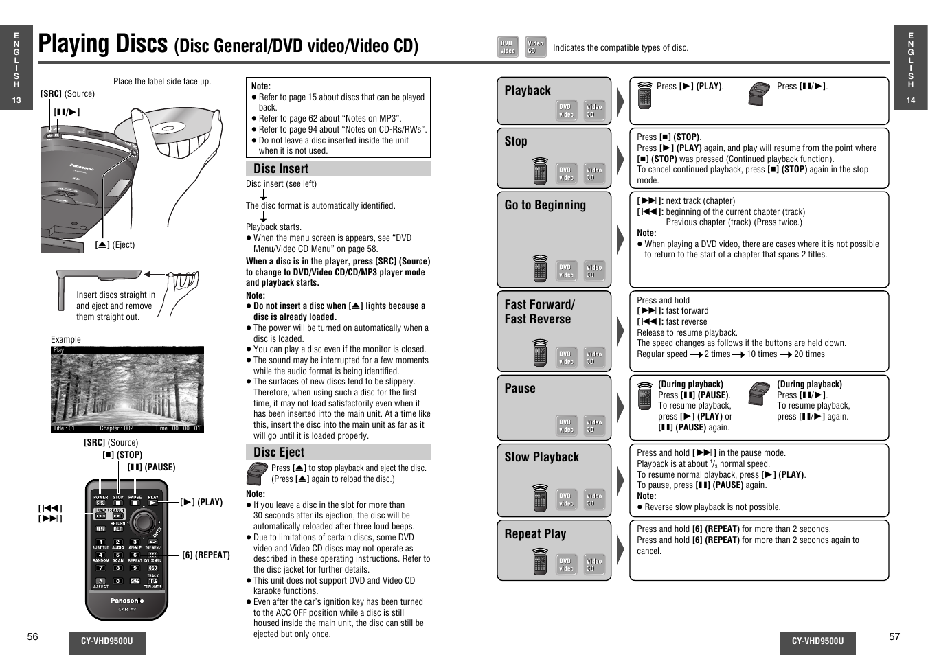 Playing discs (disc general/dvd video/video cd), Playing discs, Disc general/dvd video/video cd) | Panasonic CY-VHD9500U User Manual | Page 15 / 38