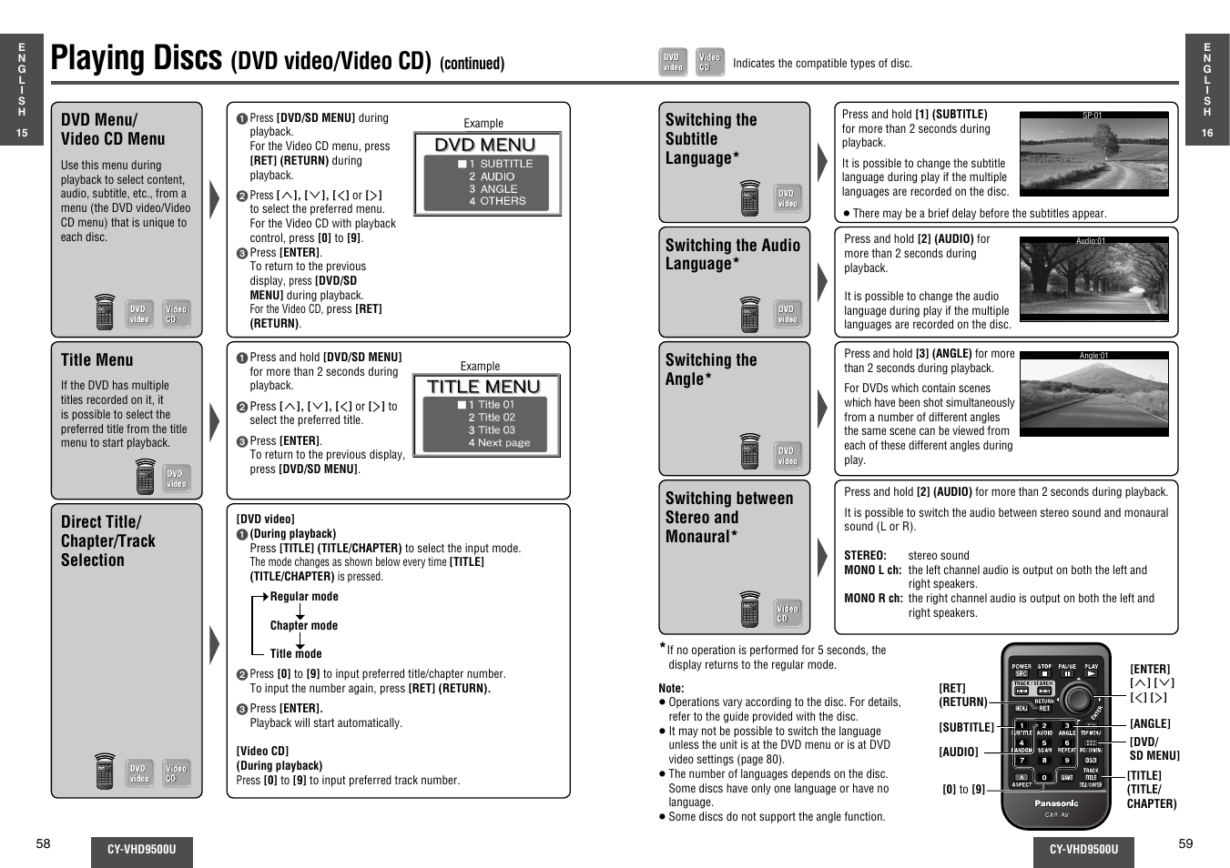 Playing discs (dvd video/video cd), Playing discs, Dvd video/video cd) | Panasonic CY-VHD9500U User Manual | Page 16 / 38