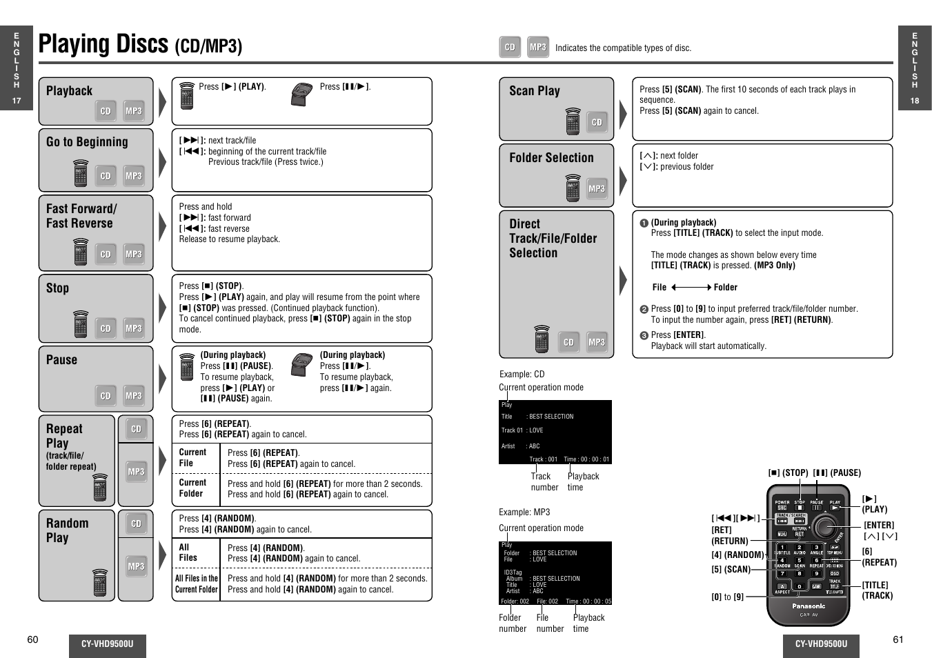 Playing discs (cd/mp3), Playing discs, Cd/mp3) | Panasonic CY-VHD9500U User Manual | Page 17 / 38