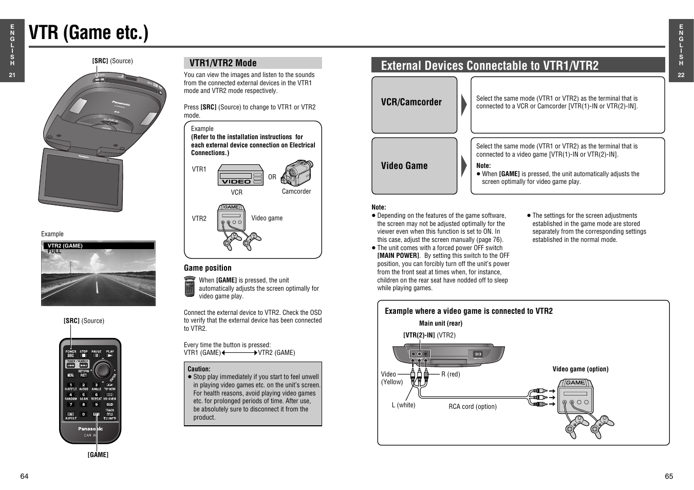 Vtr (game etc.), External devices connectable to vtr1/vtr2 | Panasonic CY-VHD9500U User Manual | Page 19 / 38