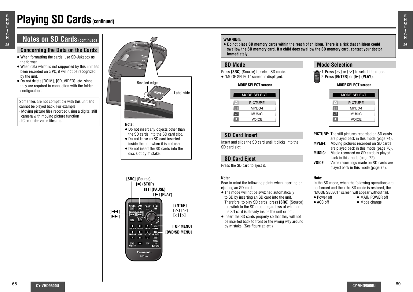 Playing sd cards | Panasonic CY-VHD9500U User Manual | Page 21 / 38