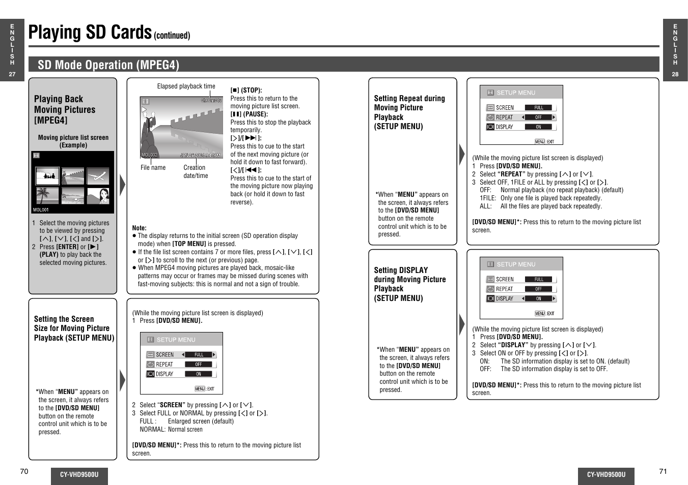 Playing sd cards, Sd mode operation (mpeg4) | Panasonic CY-VHD9500U User Manual | Page 22 / 38