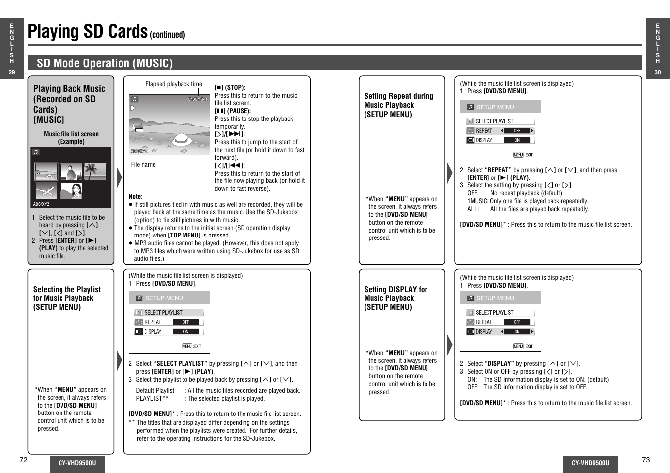 Playing sd cards, Sd mode operation (music) | Panasonic CY-VHD9500U User Manual | Page 23 / 38