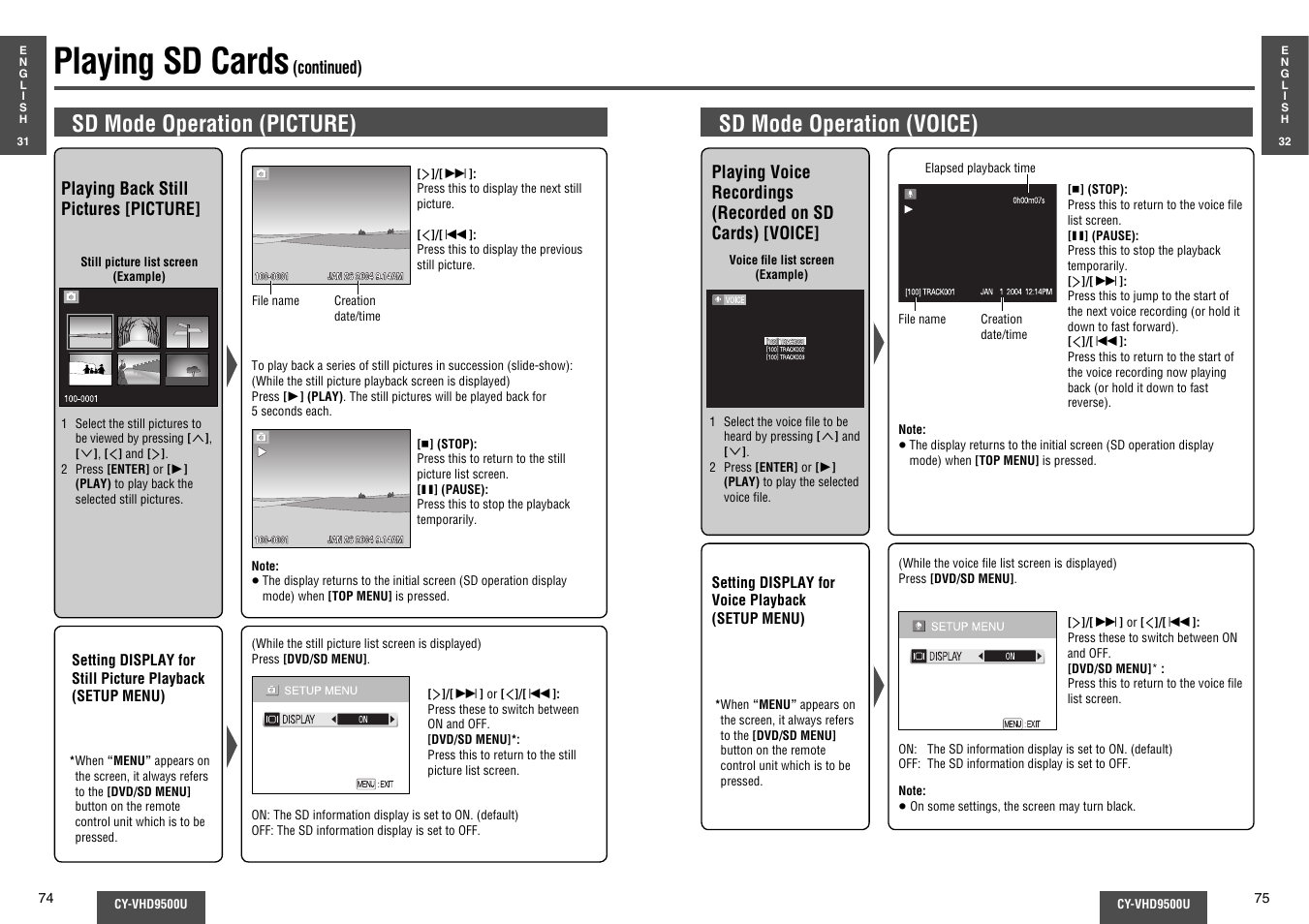 Playing sd cards, Sd mode operation (voice), Sd mode operation (picture) | Panasonic CY-VHD9500U User Manual | Page 24 / 38