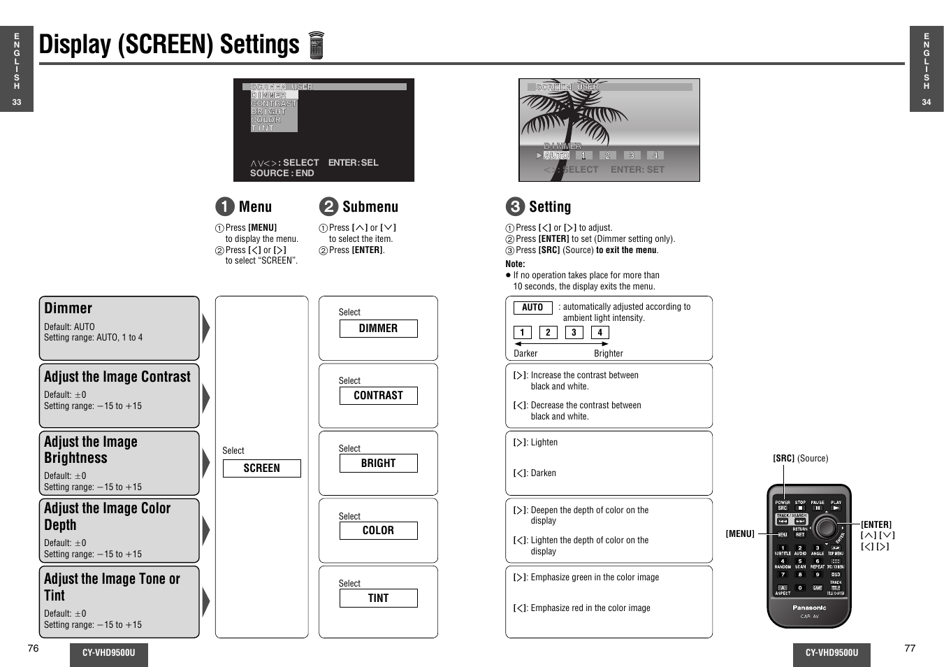 Display (screen) settings, Menu dimmer, Setting | Adjust the image contrast, Adjust the image brightness, Adjust the image color depth, Adjust the image tone or tint, Submenu | Panasonic CY-VHD9500U User Manual | Page 25 / 38