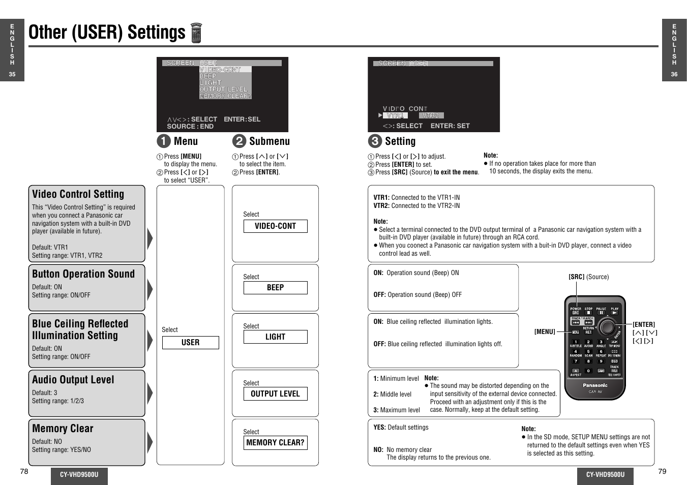 Other (user) settings, Menu video control setting, Setting | Button operation sound, Blue ceiling refl ected illumination setting, Audio output level, Submenu | Panasonic CY-VHD9500U User Manual | Page 26 / 38