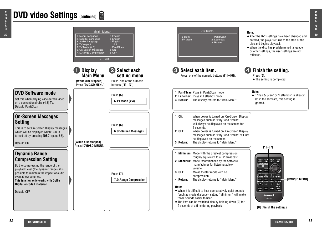 Dvd video settings, Display main menu. on-screen messages setting, Select each setting menu | Finish the setting, Dvd software mode | Panasonic CY-VHD9500U User Manual | Page 28 / 38