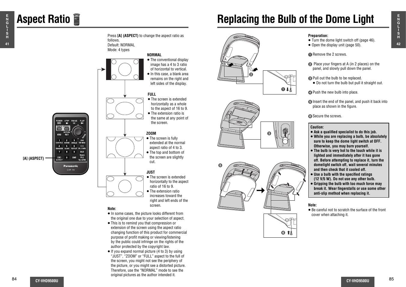 Aspect ratio, Replacing the bulb of the dome light | Panasonic CY-VHD9500U User Manual | Page 29 / 38