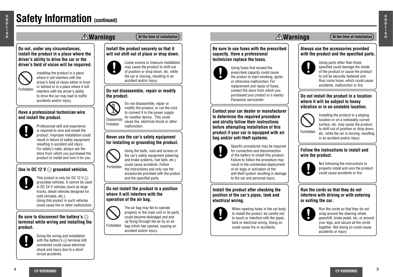 Safety information, Warnings | Panasonic CY-VHD9500U User Manual | Page 3 / 38