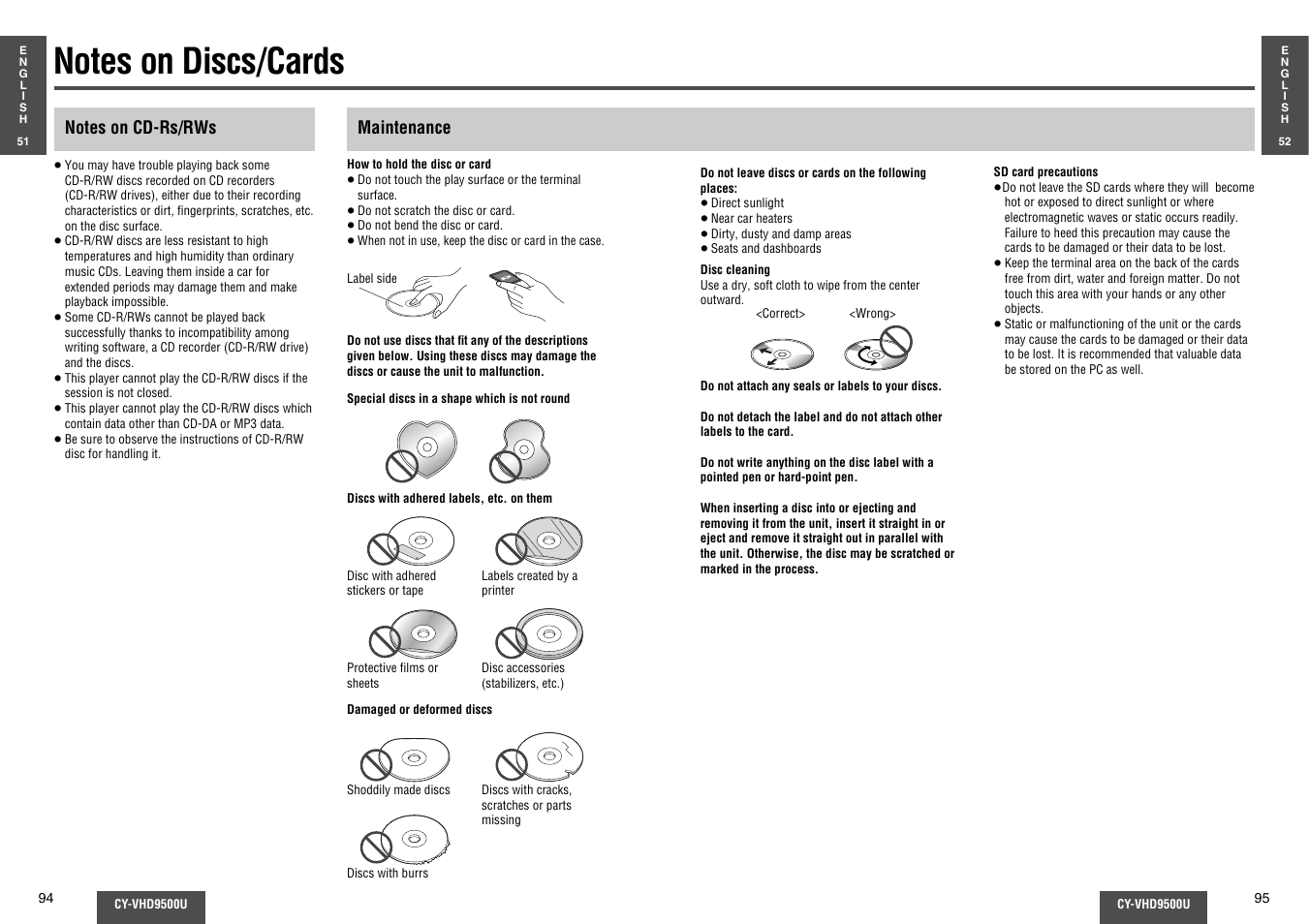 Notes on discs/cards | Panasonic CY-VHD9500U User Manual | Page 34 / 38