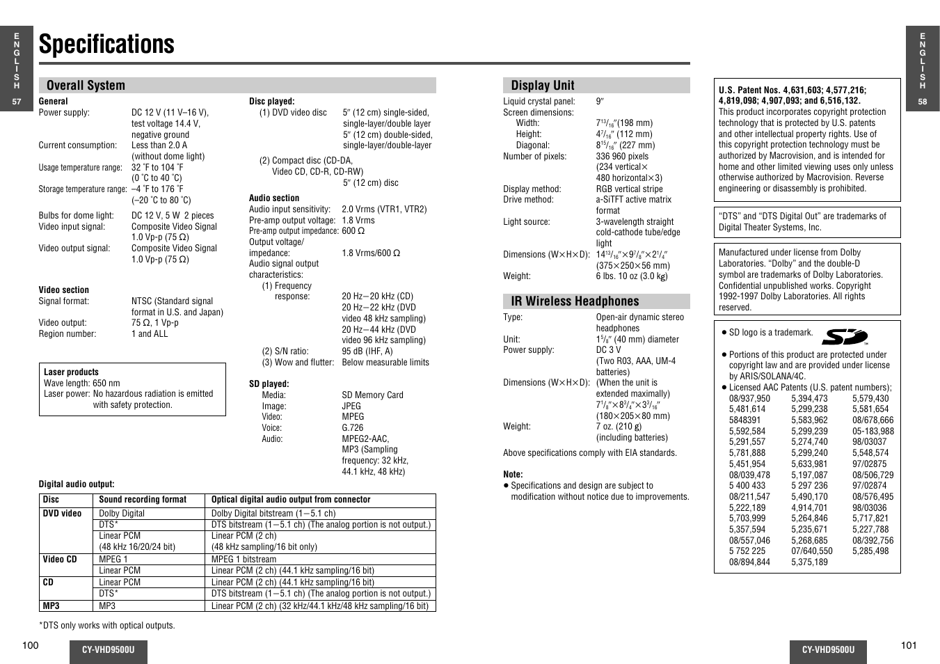 Specifications, Specifi cations | Panasonic CY-VHD9500U User Manual | Page 37 / 38