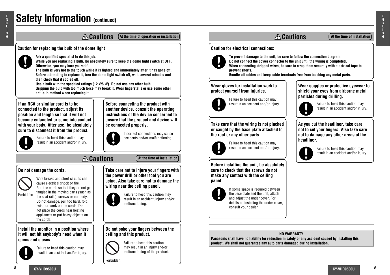 Safety information, Cautions | Panasonic CY-VHD9500U User Manual | Page 5 / 38