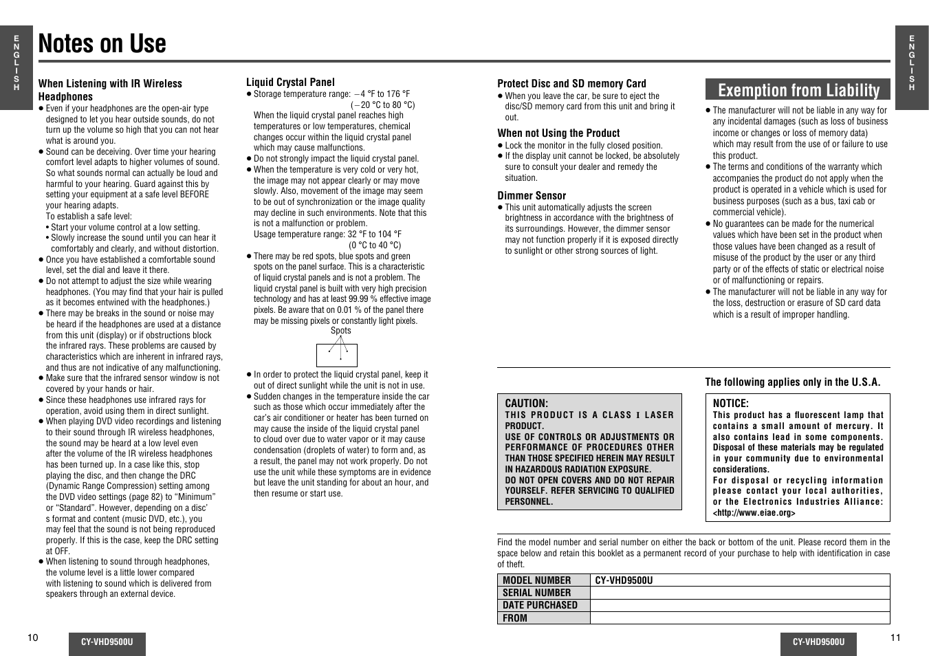 Notes on use, Exemption from liability | Panasonic CY-VHD9500U User Manual | Page 6 / 38