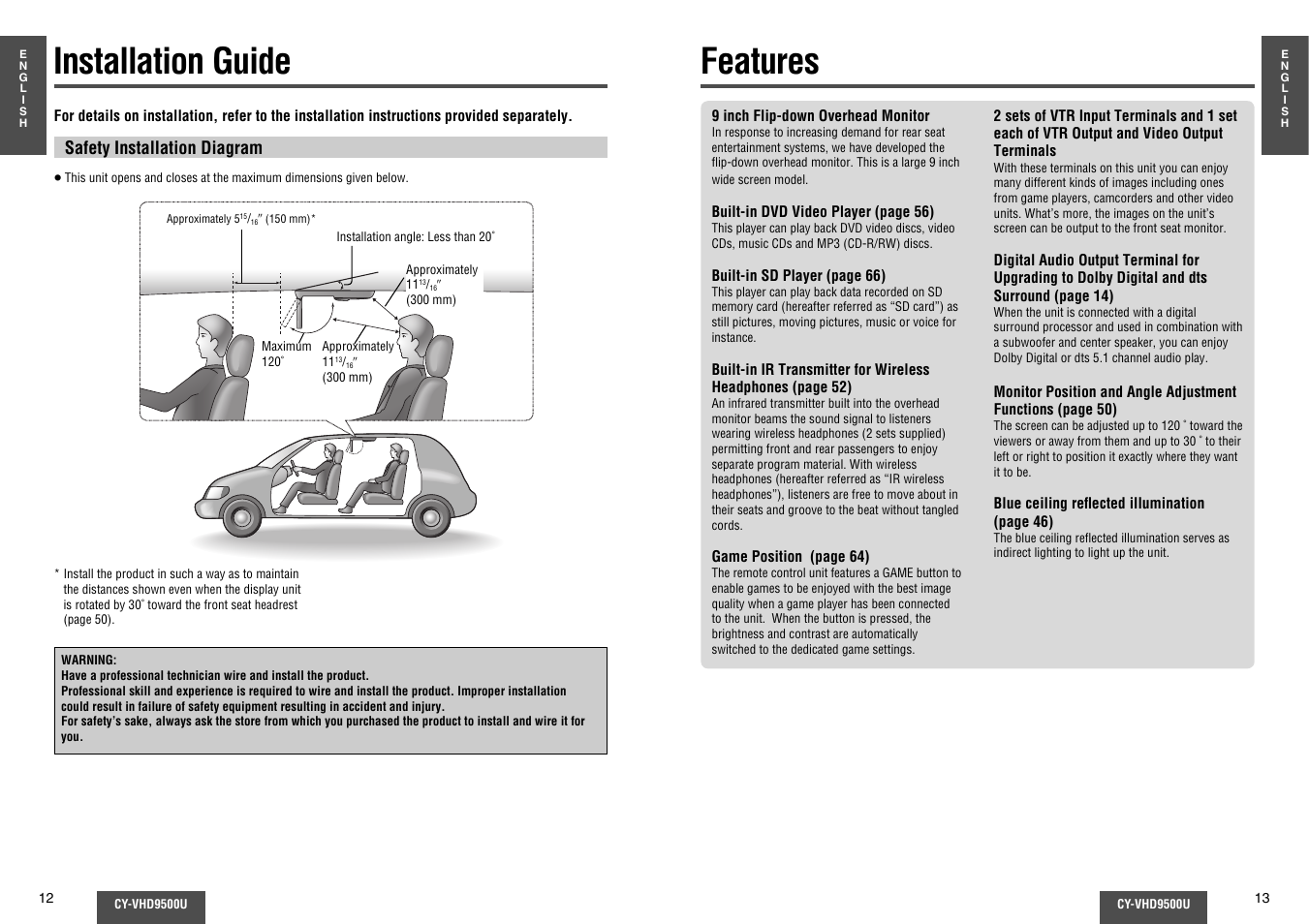 Installation guide, Features | Panasonic CY-VHD9500U User Manual | Page 7 / 38