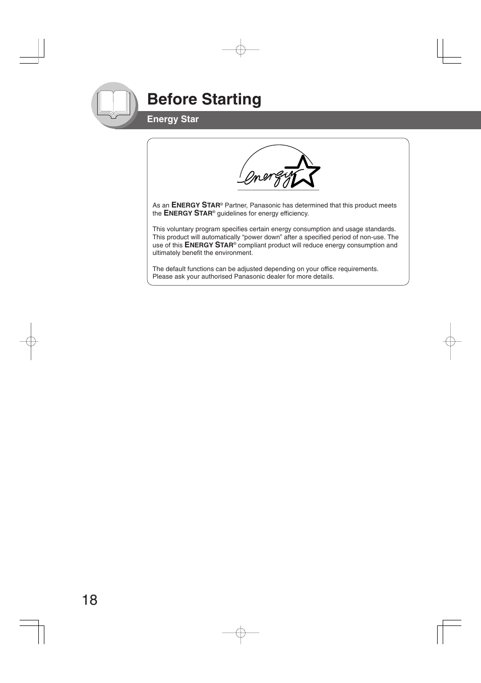 Before starting, Energy star | Panasonic DP-2310 User Manual | Page 18 / 80