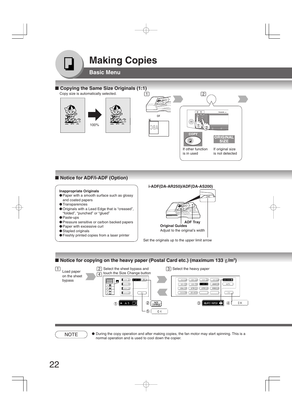 Making copies, Basic menu | Panasonic DP-2310 User Manual | Page 22 / 80
