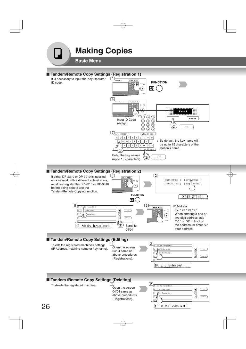 Making copies, Basic menu | Panasonic DP-2310 User Manual | Page 26 / 80