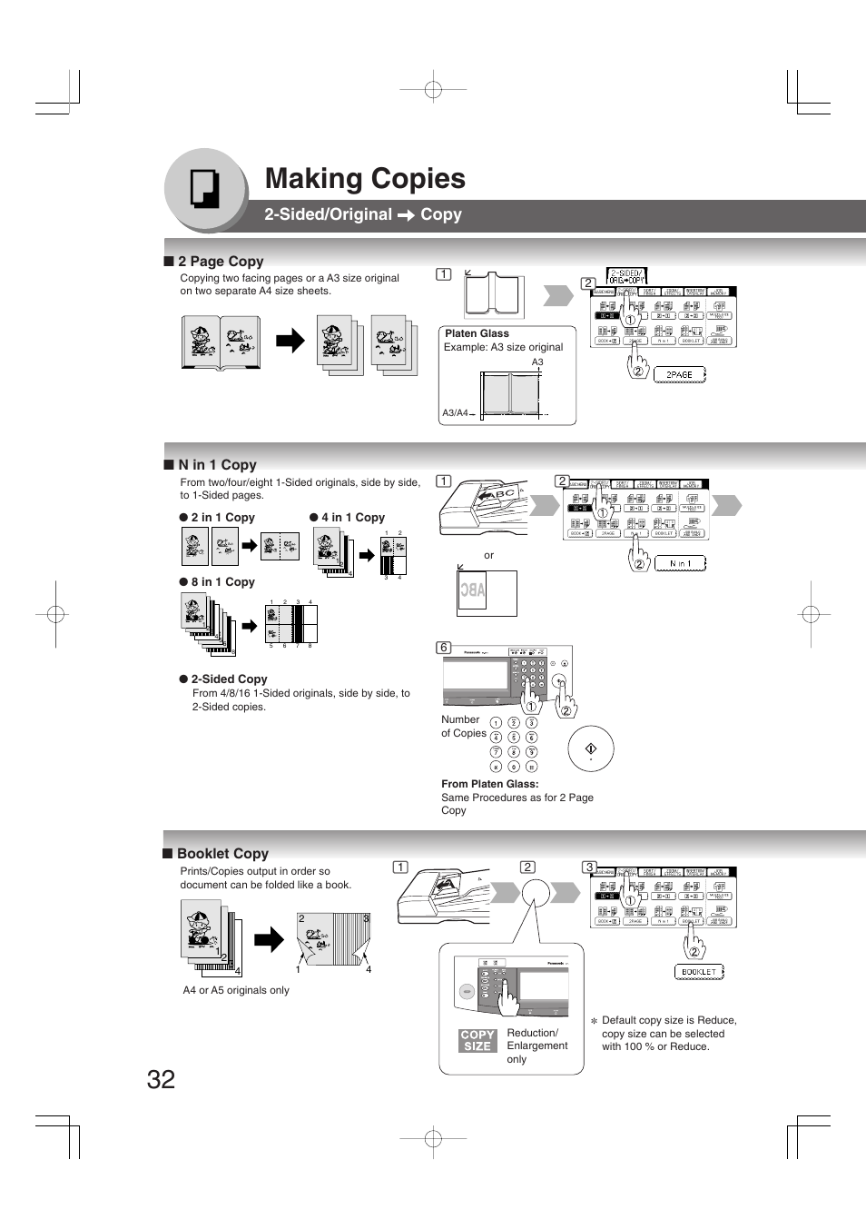 Making copies, Sided/original copy, 2 page copy | N in 1 copy, Booklet copy | Panasonic DP-2310 User Manual | Page 32 / 80
