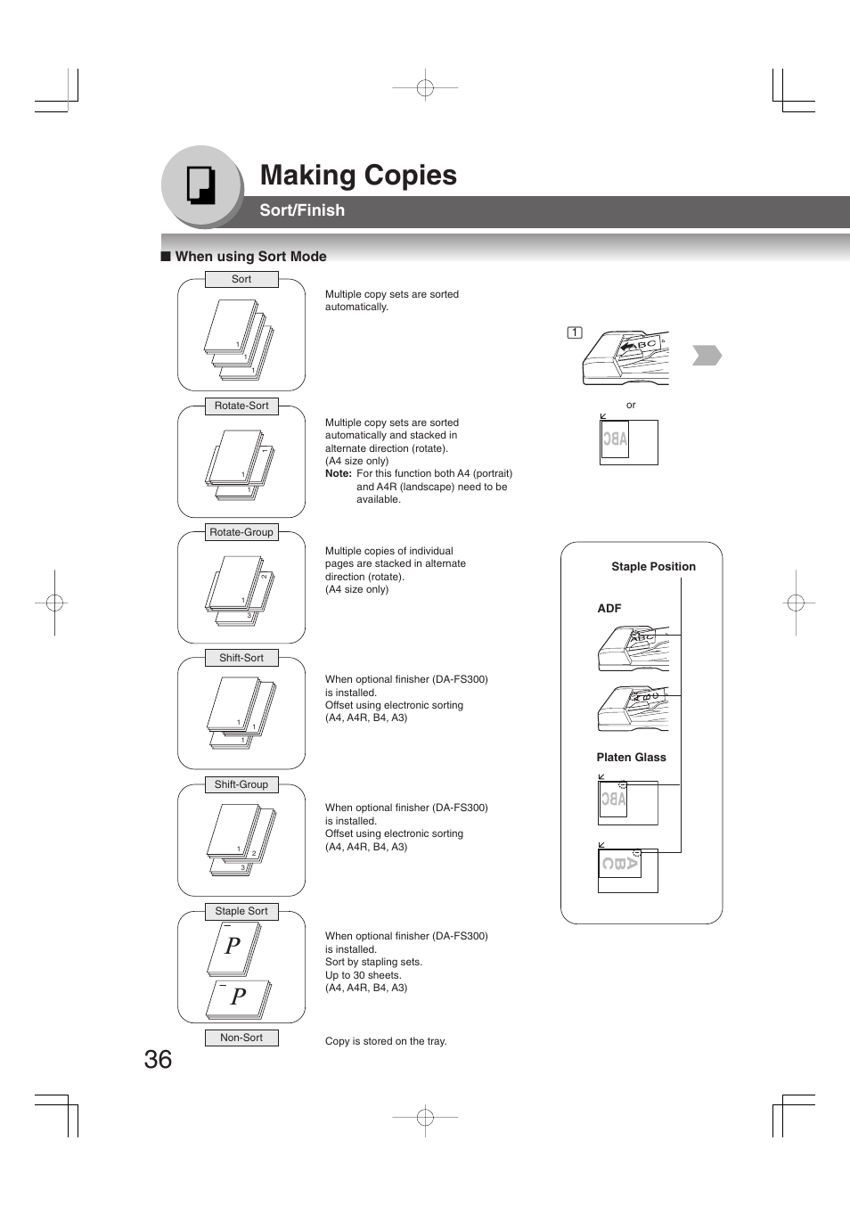 Making copies, Sort/finish | Panasonic DP-2310 User Manual | Page 36 / 80