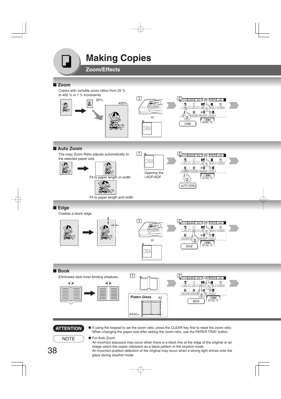 Making copies, Zoom/effects | Panasonic DP-2310 User Manual | Page 38 / 80