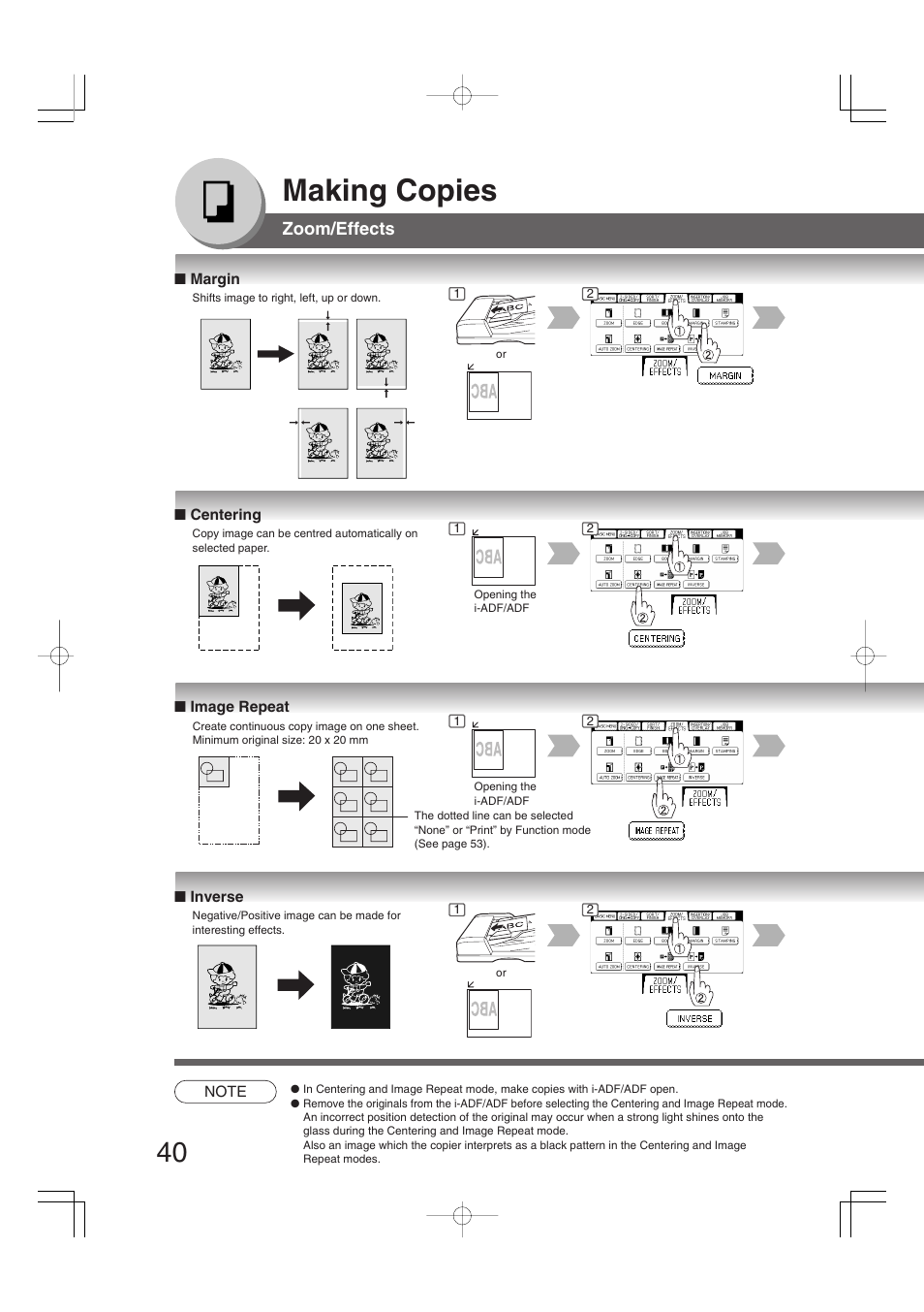 Making copies, Zoom/effects | Panasonic DP-2310 User Manual | Page 40 / 80