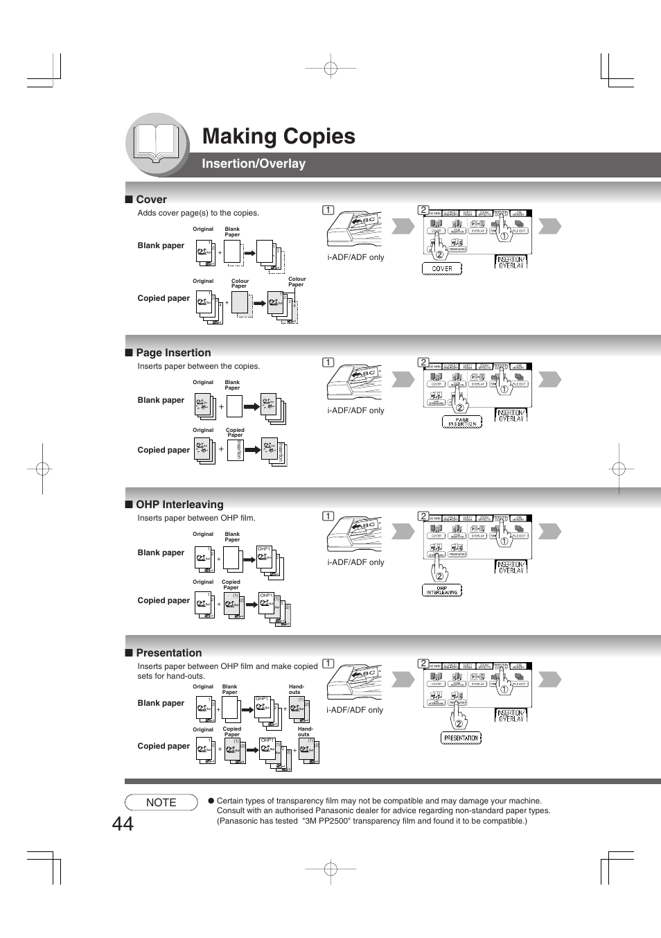 Making copies, Insertion/overlay, Cover | Page insertion, Ohp interleaving, Presentation | Panasonic DP-2310 User Manual | Page 44 / 80