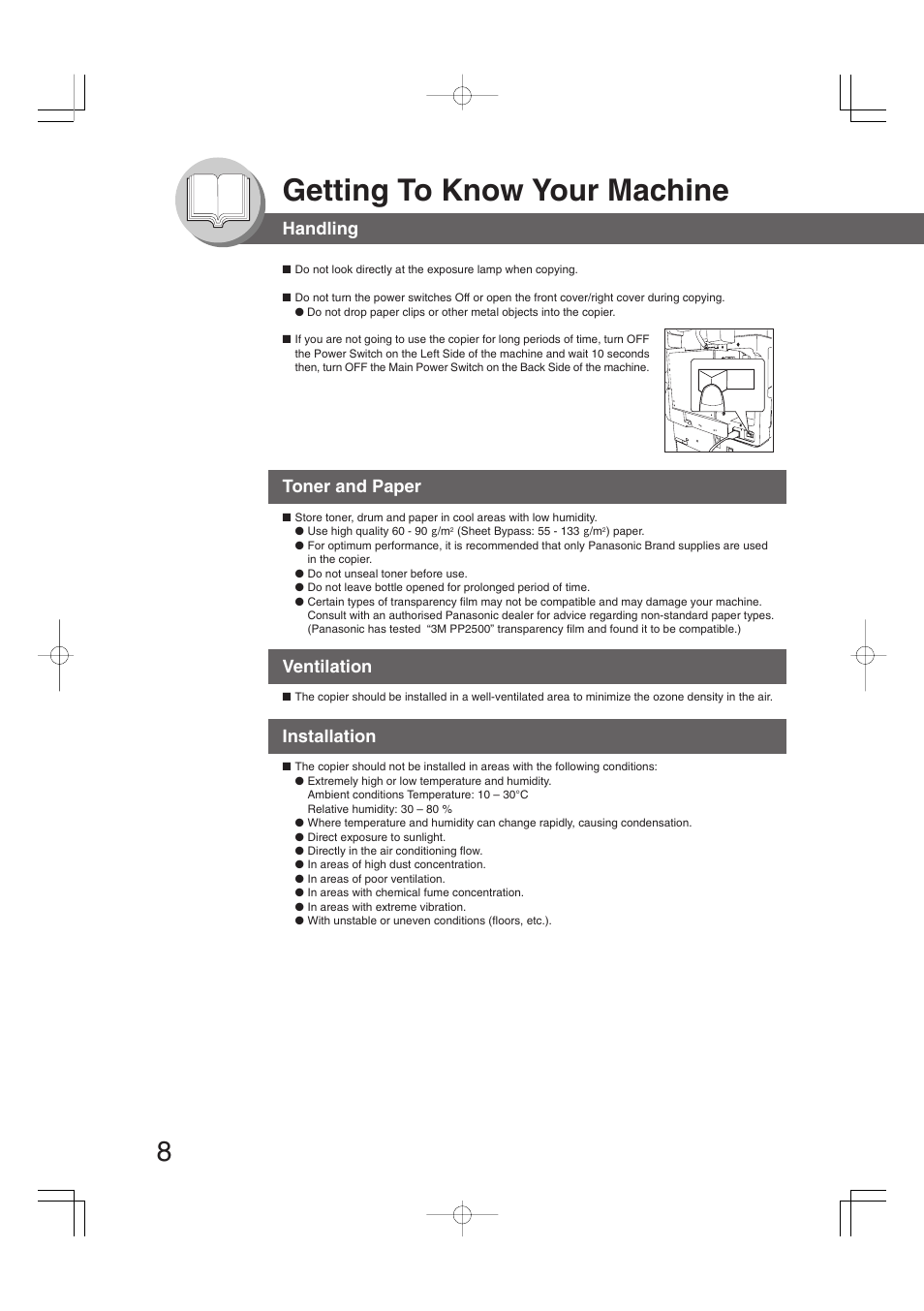 Getting to know your machine, Handling toner and paper, Ventilation | Installation | Panasonic DP-2310 User Manual | Page 8 / 80