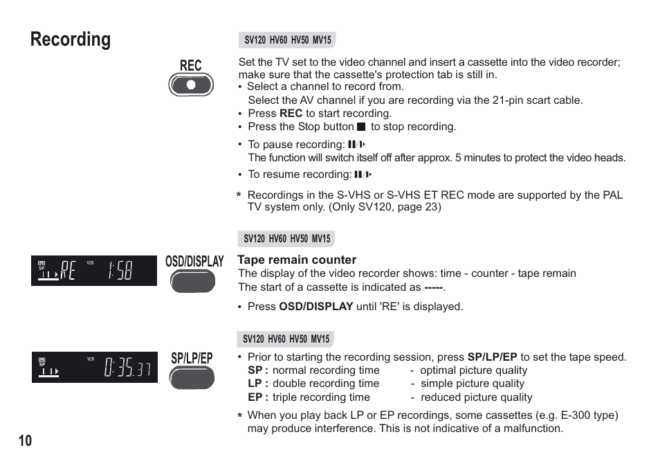 Recording, Osd/display sp/lp/ep | Panasonic NV-MV15 Series User Manual | Page 10 / 32