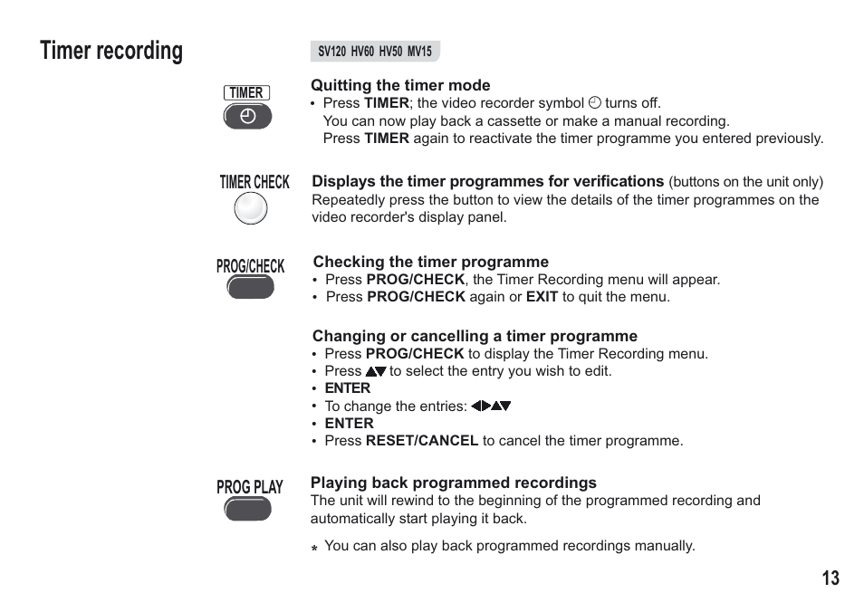 Timer recording, Prog/check prog play, Timer check | Panasonic NV-MV15 Series User Manual | Page 13 / 32