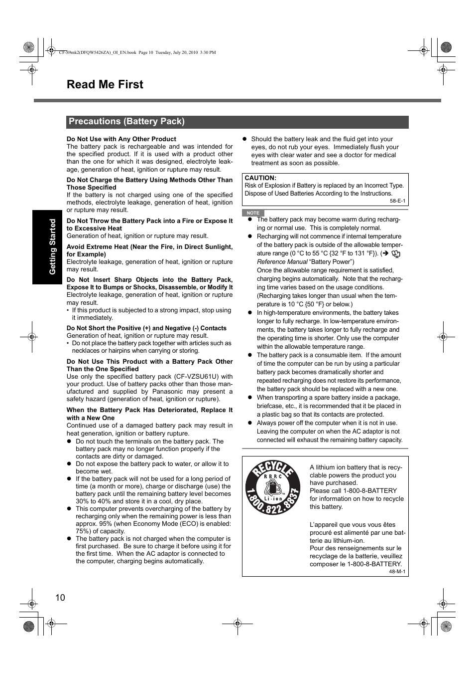 Read me first, Precautions (battery pack) | Panasonic CF-S9 User Manual | Page 10 / 36