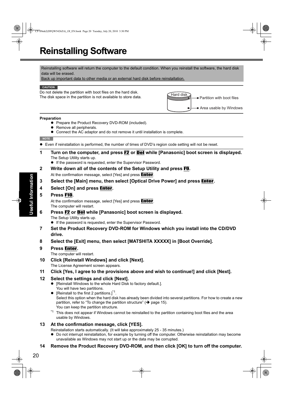 Reinstalling software | Panasonic CF-S9 User Manual | Page 20 / 36