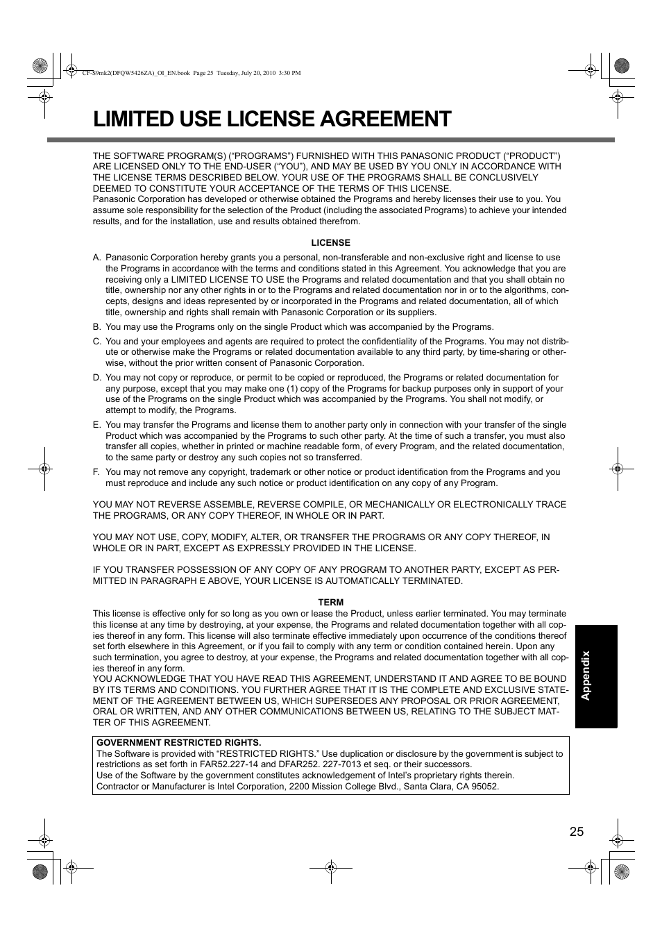 Limited use license agreement | Panasonic CF-S9 User Manual | Page 25 / 36