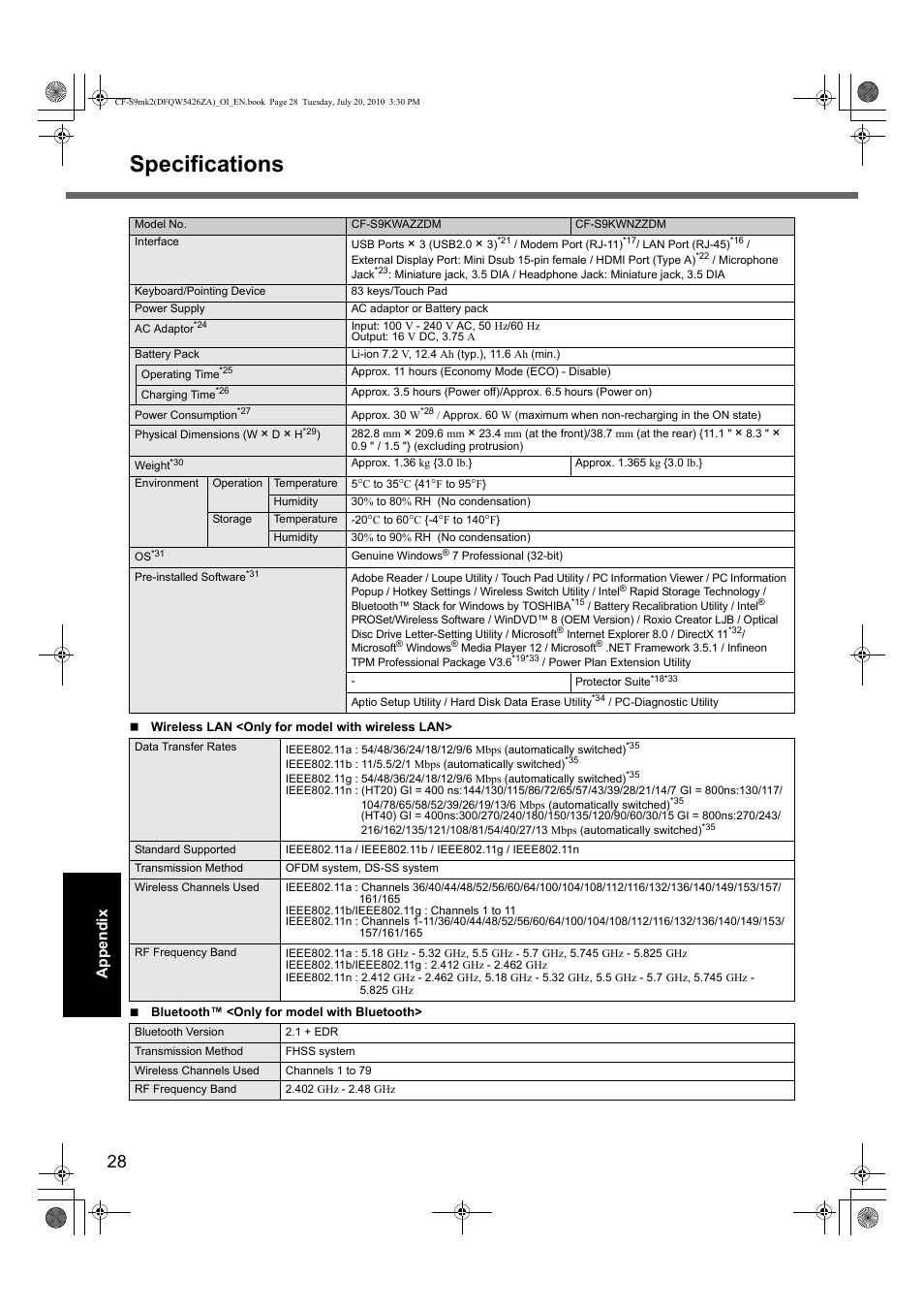 Specifications | Panasonic CF-S9 User Manual | Page 28 / 36