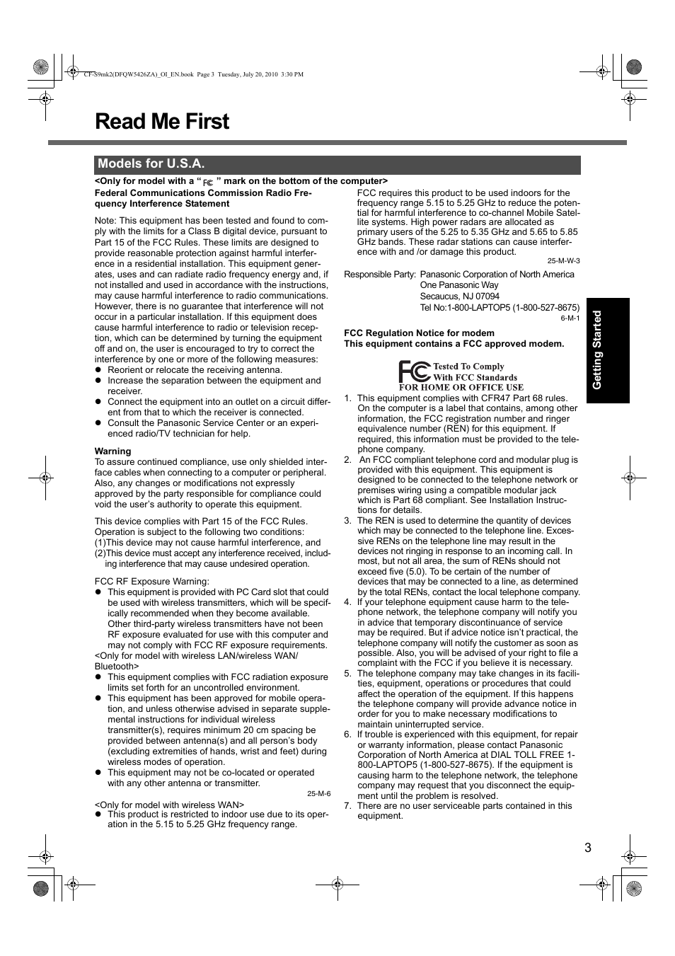 Read me first, Models for u.s.a | Panasonic CF-S9 User Manual | Page 3 / 36