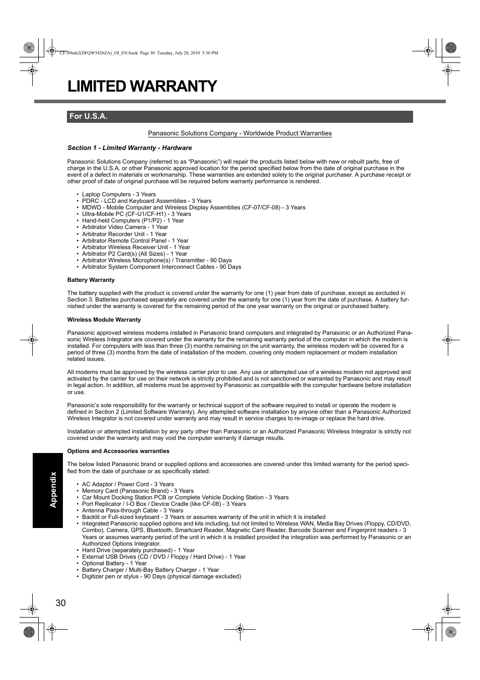 Limited warranty | Panasonic CF-S9 User Manual | Page 30 / 36