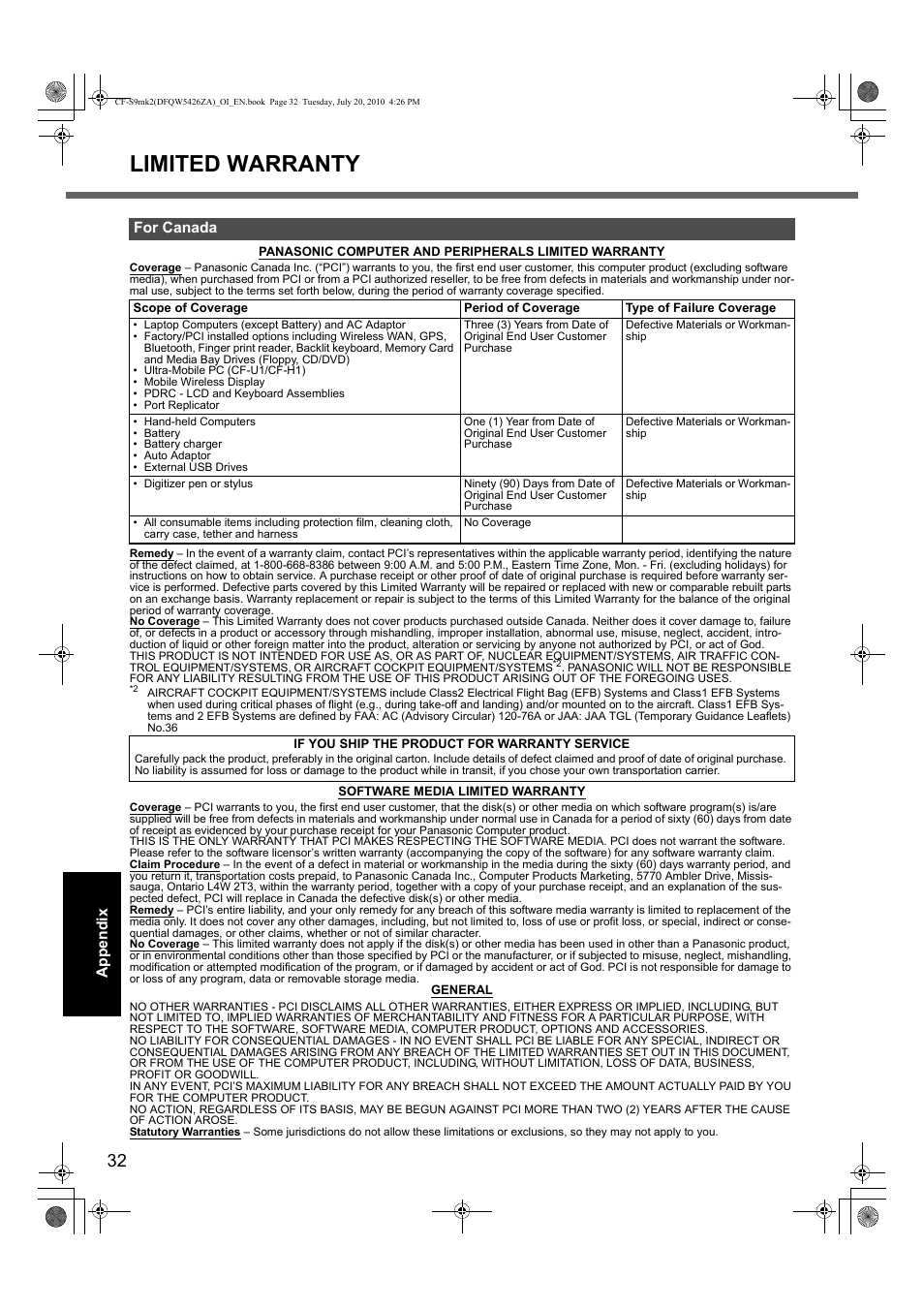 Limited warranty | Panasonic CF-S9 User Manual | Page 32 / 36