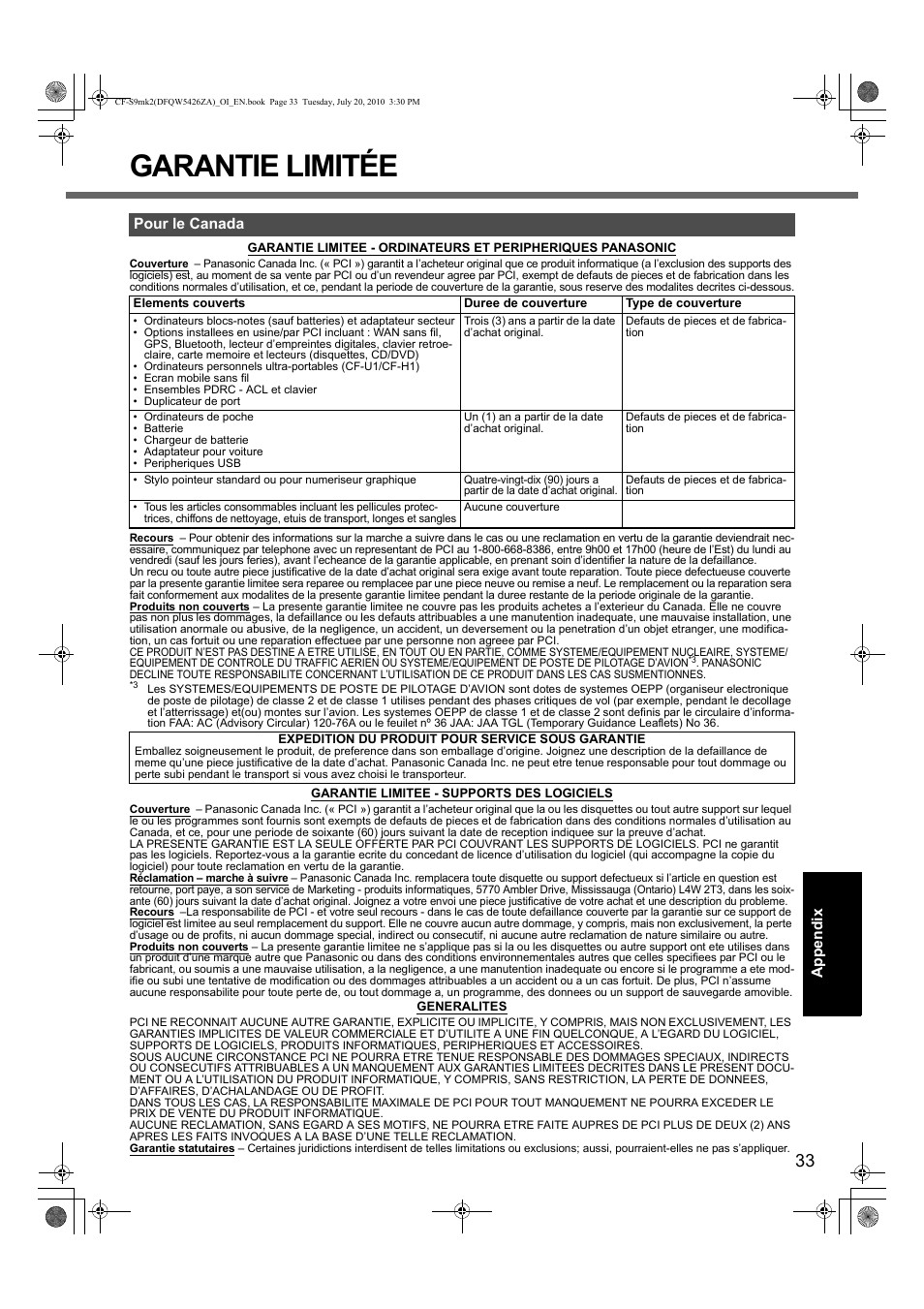 Garantie limitée | Panasonic CF-S9 User Manual | Page 33 / 36