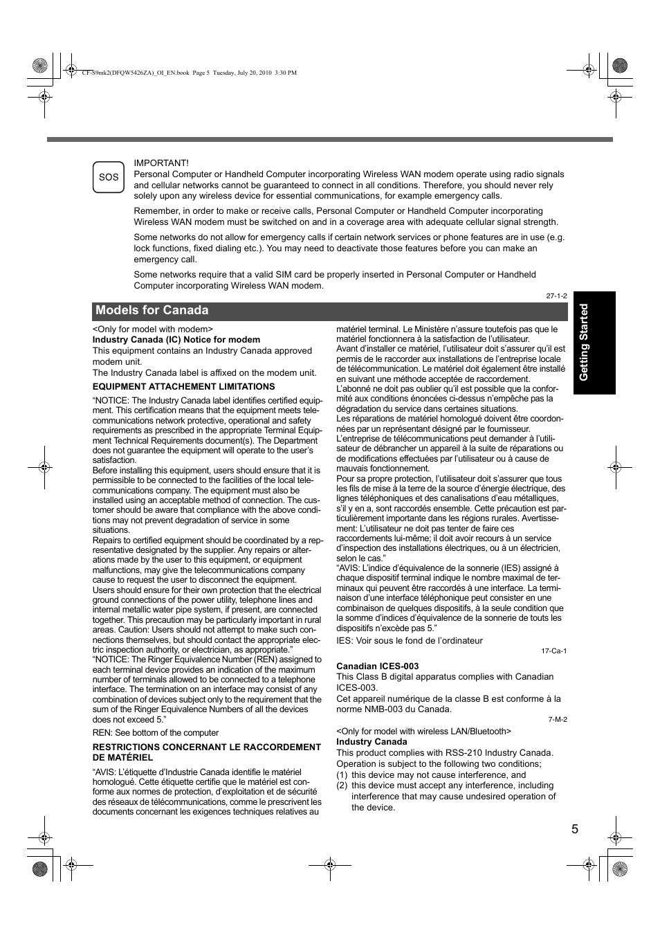 Models for canada | Panasonic CF-S9 User Manual | Page 5 / 36